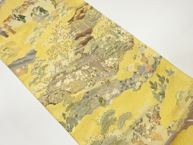 屋敷に時代人物・松・花々模様織出し袋帯